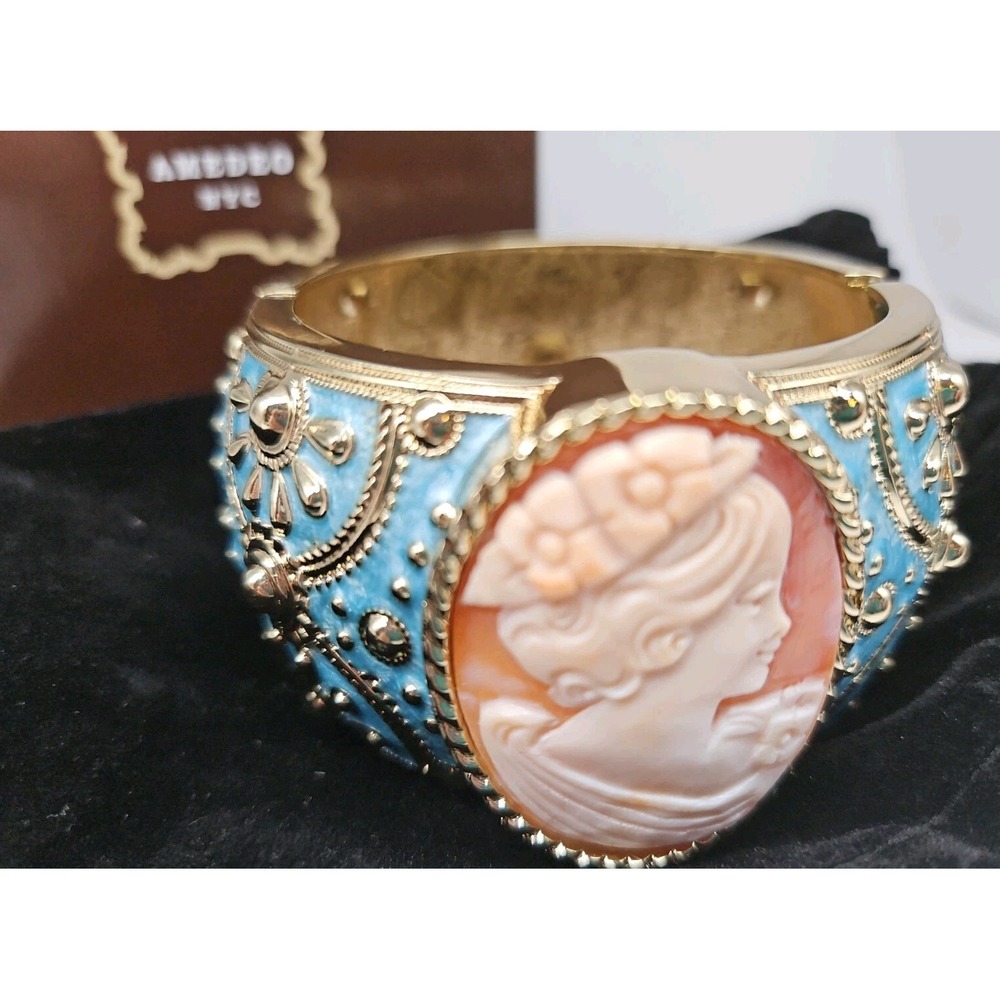 Amedeo NYC 40MM Cameo Goldtone & Blue Enamel Hinged Art Bracelet with box - Picture 2 of 11